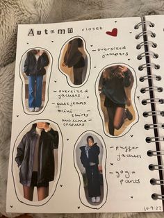 an open book with pictures of people in coats and jackets on the page, which is written out as autumn