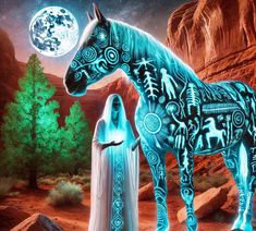 a woman standing next to a horse in front of a full moon and stars filled sky