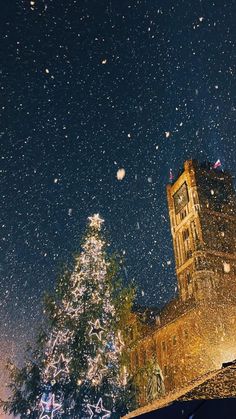 the clock tower is lit up at night with snow falling on it and trees in the foreground