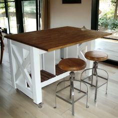 a kitchen island with two stools in front of it and sliding glass doors to the outside