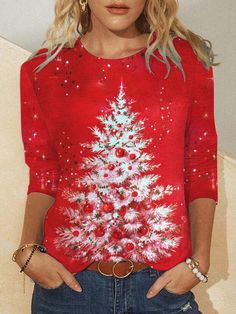 Fall Christmas Tree, Holiday Graphic Tees, Christmas Tree Print, Womens Christmas Shirts, Christmas Tops, Shirts Women Fashion, Christmas Tree Design, Long Sleeve Tops Casual, Spring Shirts