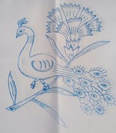 a drawing of a peacock sitting on top of a tree branch next to another bird