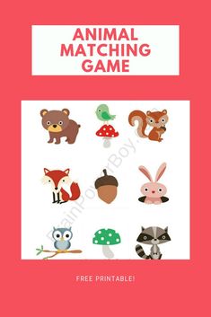 an animal matching game is shown in red and white with the words, free printable