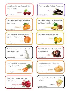 an image of fruits and vegetables in the english speaking words game set with pictures on each side