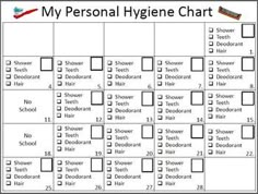 Monthly Personal Hygiene Chart Hygiene Lessons, Independent Living Skills, Hygiene Activities, Personal Hygiene Items, Life Skills Class, Life Skills Lessons, Life Skills Classroom, Teaching Life Skills, Living Skills