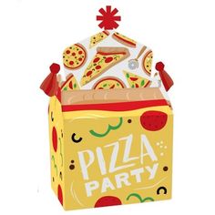 a pizza party box with slices of pizza in it