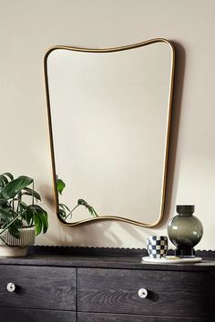 a large mirror sitting on top of a dresser next to a potted plant