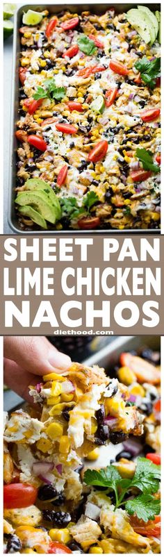 Sheet Pan Lime Chicken Nachos - Easy to make, fun, delicious nachos baked on a sheet pan and loaded with beans, corn, chicken, and cheese! Perfect for entertaining a crowd! Easy Chicken Breast Dinner, Chicken Breast Recipes Dinners, Chicken And Cheese, Corn Chicken, Sheet Pan Suppers, Easy Chicken Breast, Paleo Dinner, Lime Chicken