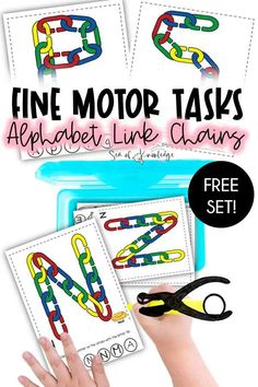 the fine motor tasks alphabet link chains is shown with scissors