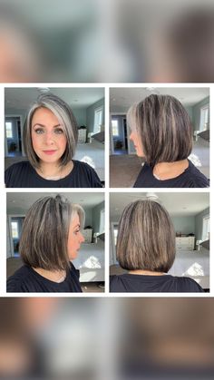 Grey Transition Hair Highlights, Grey Bob Hairstyles, Grey Hair Over 50, Grey Hair Transformation, Grey Hair Inspiration, Gray Hair Growing Out, Eye Nails, Gray Hair Cuts, Transition To Gray Hair