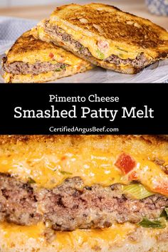 two grilled cheese sandwiches stacked on top of each other with text overlay that reads, smashed patty melt