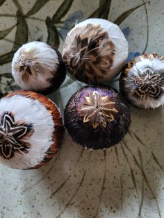 four pieces of fruit sitting on top of a white plate with black and brown designs