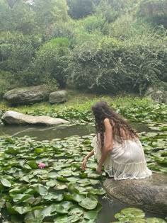 a woman sitting on top of a rock in the water surrounded by lily pad plants