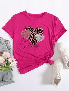 Heart & Letter Printed Round Neck T-Shirt Hot Pink Casual  Short Sleeve Knitted Fabric Heart,Leopard Print,Letter  Slight Stretch Summer Women Clothing, size features are:Bust: ,Length: ,Sleeve Length: Heart Leopard Print, Heart Leopard, Moda Denim, Heart Letter, Estilo Denim, Fabric Heart, Mode Jeans, Shirts Women Fashion, Shirts Women