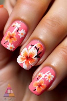 Embrace floral elegance with these pink summer nail designs. The intricate flower patterns are perfect for a feminine and stylish look. Discover more hot pink nail ideas for summer at nailhow.com. Hibiscus Flower Nails With French Tips, Plumeria Nail Design, Beach Flower Nails, Hawaii Nail Art, Hawaii Inspired Nails, Hot Pink Nail Ideas, Nails Hawaii, Tropical Flower Nails, Nail Ideas For Summer