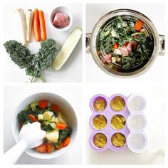 four pictures showing different foods in bowls and on the same plate, including carrots, broccoli, meatballs, and other ingredients