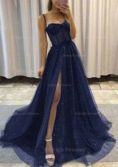 A Line Sweetheart Spaghetti Straps Sweep Train Tulle Glitter Prom Dress With Appliqued Glitter Prom Dress, Sweep Train Prom Dress, Navy Prom Dresses, Dark Red Dresses, Dress Hire, Red Dresses Classy, Corset Dress Prom, Mermaid Bridesmaid Dresses, Lace Prom Dress