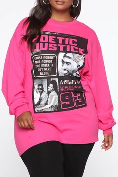 Long sleeved poetic justice shirt with graphic art. Material Polyester 95% Spandex 5% Justice Shirts, Round Neck Shirt, Plus Size Hoodies, Big Girl, Swag Outfits, Long Sleeve Tunic, Red Fashion, In Hot, Long Sleeve Sweatshirts