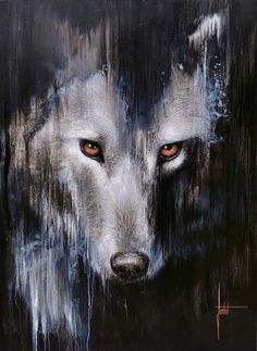 a painting of a wolf's face with orange eyes and white fur on black background