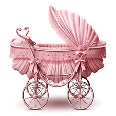 a pink baby carriage is shown on a white background