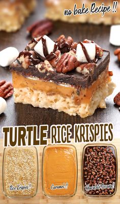 there are three different kinds of desserts on the cover of this book, turtle rice krispies