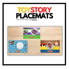 an advertisement for toystory placemats featuring pictures of toy story characters and food