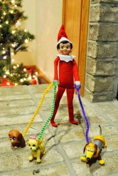 an elf is walking three small dogs in front of a christmas tree