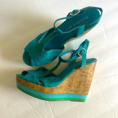 Maddie Girl Turquoise Wedges Sandals Size 6 Fabric Material. Never Worn But Notice The Straps Peeling On The Inside From Being Stored. Summer Turquoise Ankle Strap Heels, Turquoise Ankle Strap Heels For Summer, Summer Green Heels With Ankle Strap, Summer Green Ankle Strap Heels, Turquoise Synthetic Sandals With Round Toe, Turquoise Round Toe Synthetic Sandals, Summer Ankle Strap Sandals In Turquoise, Turquoise Ankle Strap Sandals For Summer, Turquoise Open Toe Sandals For Summer