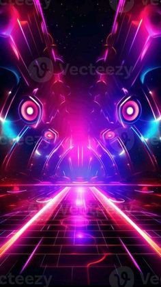 an abstract background with neon lights and speakers