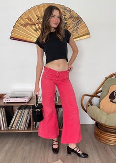 Insane flare bell bottoms from the 60s in a beautiful dark pink. These are ultra low rise and have the best big flare on them.  These are in wonderful condition, no flaws to note.  Measurements: Waist: 28" rise: 9" Inseam: 27.5" Models measurements: 34 bust, 22 waist, 35.5 hips Flare Bottoms, Boho Rock, 70s Hippie, Belle Rose, Womens Trousers, Vintage 60s, Dark Pink, Bell Bottoms, Trousers Women