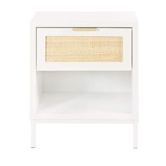 an image of a white nightstand with wicker drawer and shelf on the bottom side