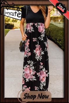 Black Contrast Floral Empire Waist Maxi Dress Black Floral Print Maxi Dress For Summer, Black Short Sleeve Maxi Dress For Spring, Black Floral Print Maxi Dress For Vacation, Casual Black Maxi Dress For Day Out, Black Floral Print Maxi Dress For Spring, Black Linen Maxi Dress For Spring, Spring Black Maxi Dress For Day Out, Casual Black Maxi Dress For Spring, Black Maxi Dress For Spring