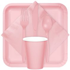 a pink plastic tableware set with utensils and napkins on the side