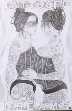 a drawing of two women with tattoos on their arms and chest, one is holding the other