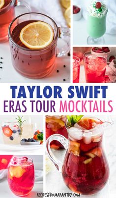 several different types of drinks with text overlay that reads taylor swift era tour mocktails