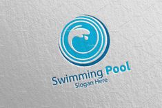 the swimming pool logo is displayed on a white surface with blue circles and waves in it