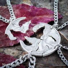 4 Best Friends Silver Wolf Necklaces, Wolf pack by Namecoins 4 Best Friends, Puzzle Jewelry, Wolf Necklace, Wolf Jewelry, Silver Wolf, Best Friend Jewelry, Best Friend Necklaces, Turtle Necklace, Crescent Moon Necklace