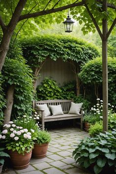 a wooden bench sitting in the middle of a lush green garden with potted plants