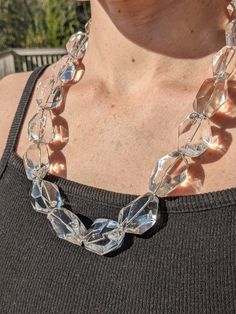 A fun, large, clear bead bib statement necklace! The chunky beads have some weight to them, and really shine in the light. Chunky Crystal Necklace, Rock Crystal Necklace, Large Necklace, Bee Pendant, Chunky Beads, Beaded Statement Necklace, Necklace Statement, Design Silver, Rock Crystal