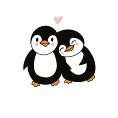 two penguins hugging each other with a heart in the backround behind them on a white background