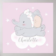 a baby elephant is sleeping on top of a cloud with the name charlotte in it