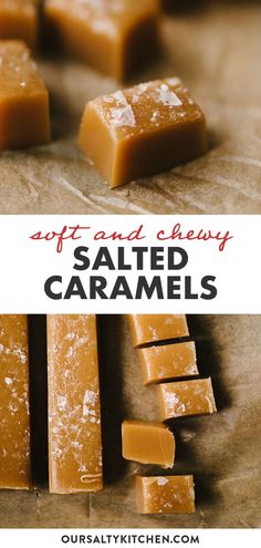 salted caramels cut into squares and stacked on top of each other with text overlay reading soft and chewy salted caramels