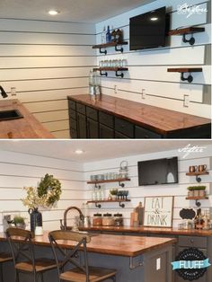 two pictures of the same kitchen counter top and bar in different stages of being built