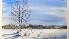 a watercolor painting of a snowy landscape with trees in the foreground and clouds in the background