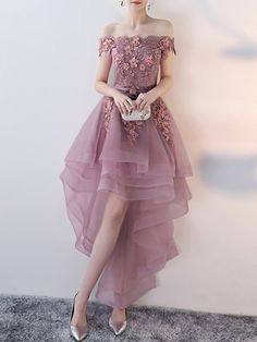 Short Front Long Back Prom Dress, Short Glittery Prom Dresses, Floral Cocktail Dresses, Floral Dress Wedding, Off Shoulder Tulle, Floral Dress Wedding Guest, Cheap Cocktail Dresses, Floral Cocktails, Cocktail Dresses Online