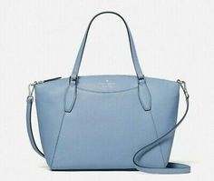 Great Shopping New Kate Spade Monica Pebbled Leather Satchel Dusty Blue, bags Leather Satchel Handbags, Kate Spade Purse, Kate Spade Handbags, Satchel Handbags, Embossed Logo, Kate Spade Bag, Dusty Blue, Leather Satchel, Blue Leather