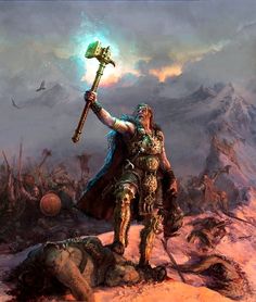 a painting of a man holding an ax in his hand and standing on top of a hill