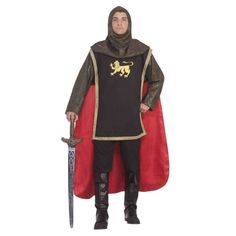 No dame will be able to resist the chivalrous look of the Mens Medieval Knight Adult Costume. This costume includes a bronze chainmail-like long sleeved top with a matching hood, an attached dark brown tunic with gold trim and a gold griffin design on the chest, and a long attached red cape. This outfit is based on the chainmail armor knights wore during the Medieval period in the Late Middle Ages. You can complete the historical look with accessories like Deluxe Vinyl Boot Tops, Royal Sword, Ro Knight Halloween Costume, Medieval Knight Costume, Knight Halloween, Shrek Costume, Knight Outfit, Medieval Party, Great Halloween Costumes, Knight Costume, Medieval Costume