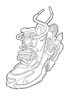 a drawing of a sneaker with laces on the top and bottom, in black and white