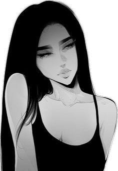 a drawing of a woman with long dark hair and black tank top, looking at the camera